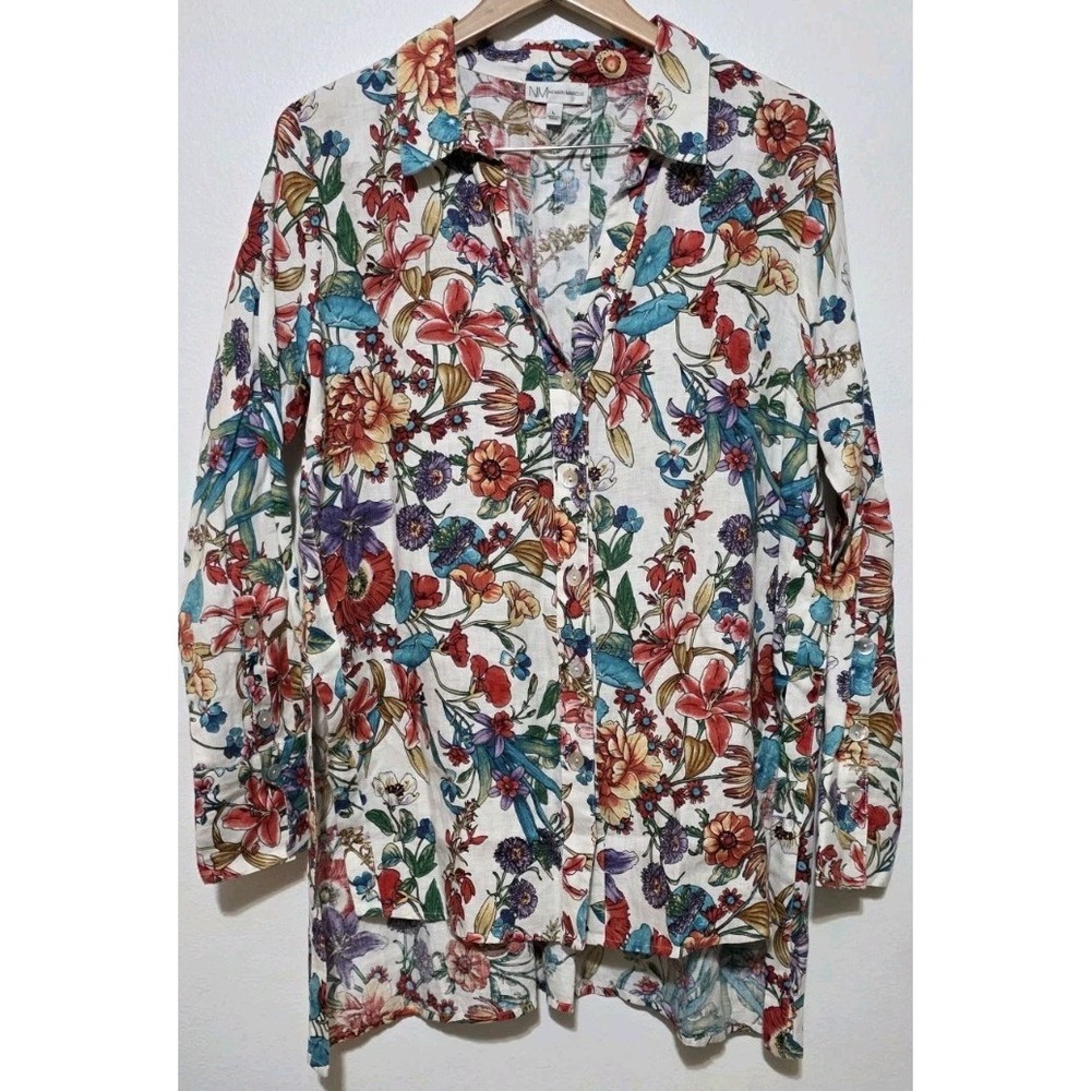 Neiman Marcus 100% Linen Tunic Shirt Top Women L Floral 3/4 Sleeve Hi Low Boho